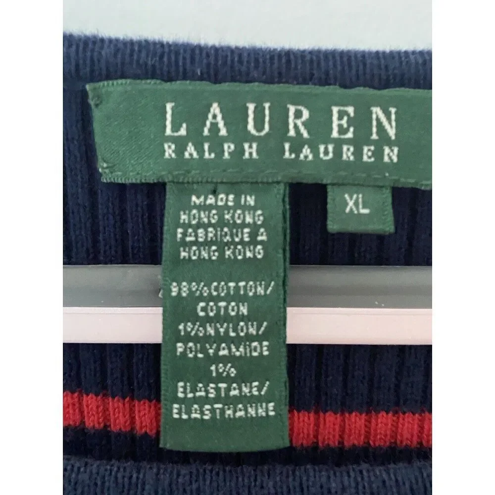 Lauren Ralph Lauren Size XL Navy Blue Red Stripe Boat Neck Cotton Knit Sweater - Picture 2 of 4